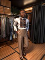 Earth Mosaic White Patterned Bib Shirt & Trousers Set