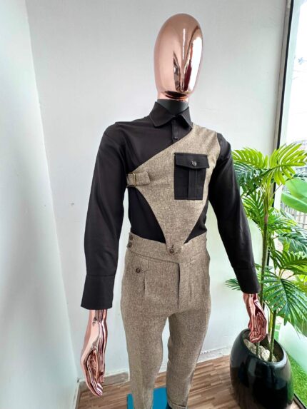 Architect Asymmetrical Harness Tweed Suit – Beige & Black