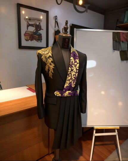 Golden Vine Black & Purple Embroidered Asymmetrical Blazer