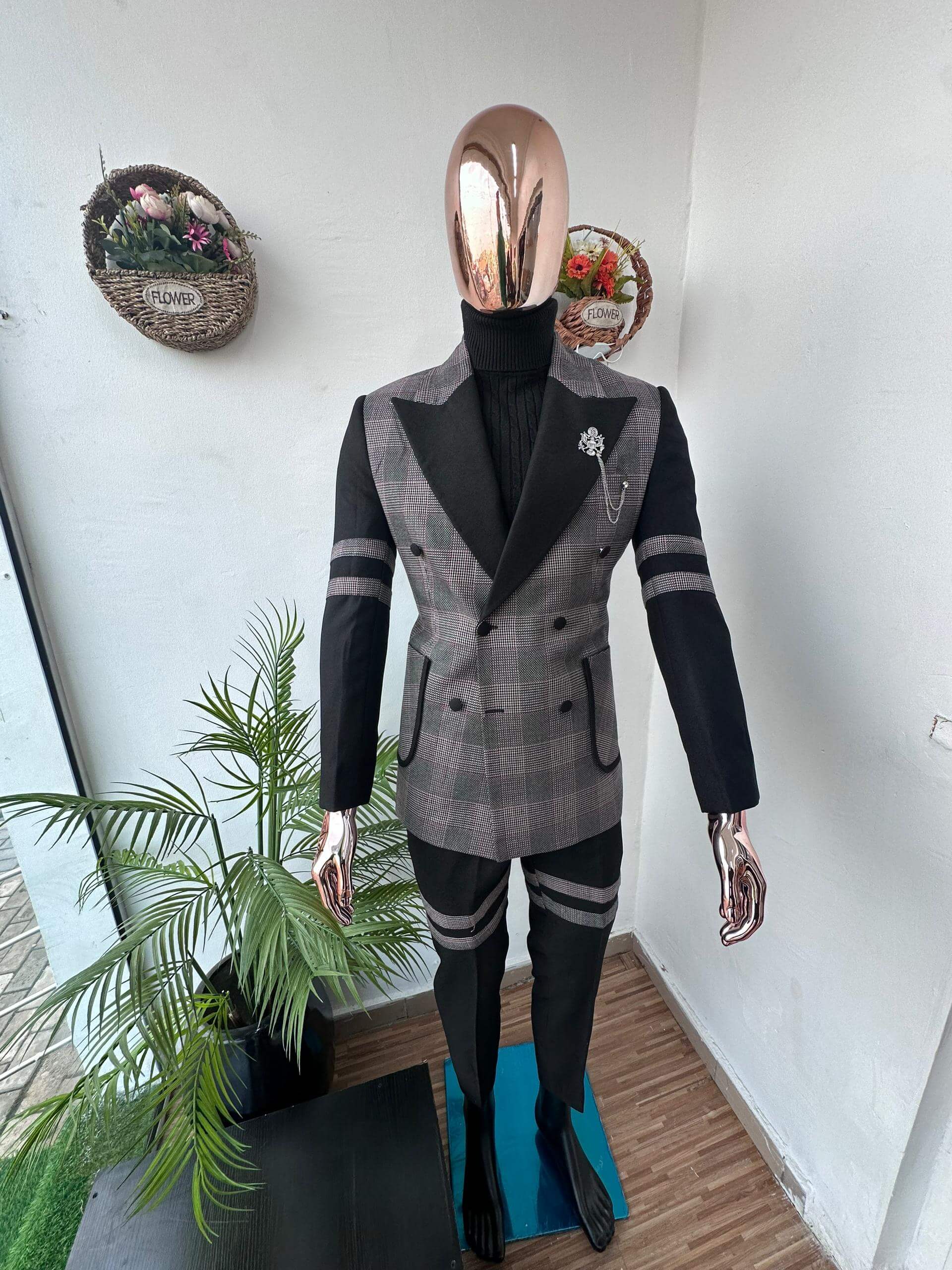 Double breasted checkers mix complete suit black turtleneck with fashion accessories 2 Houndstooth Monarch Black & Grey Double-Breasted Suit - Image 1