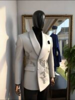 Silver Blossom White Embroidered Double-Breasted Blazer