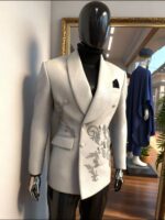 Silver Blossom White Embroidered Double-Breasted Blazer - Image 3