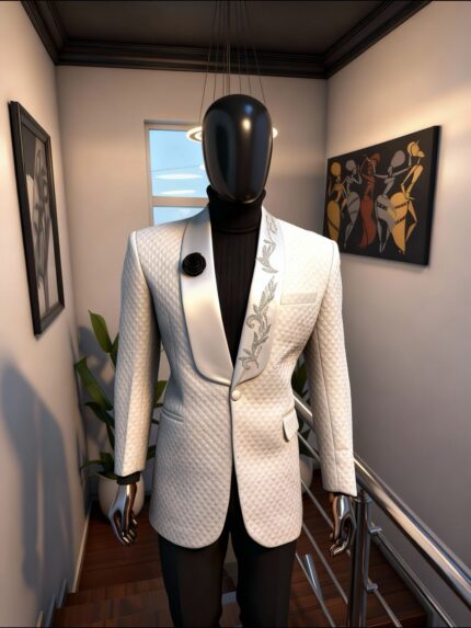 Silver Vine White Embroidered Tuxedo Blazer