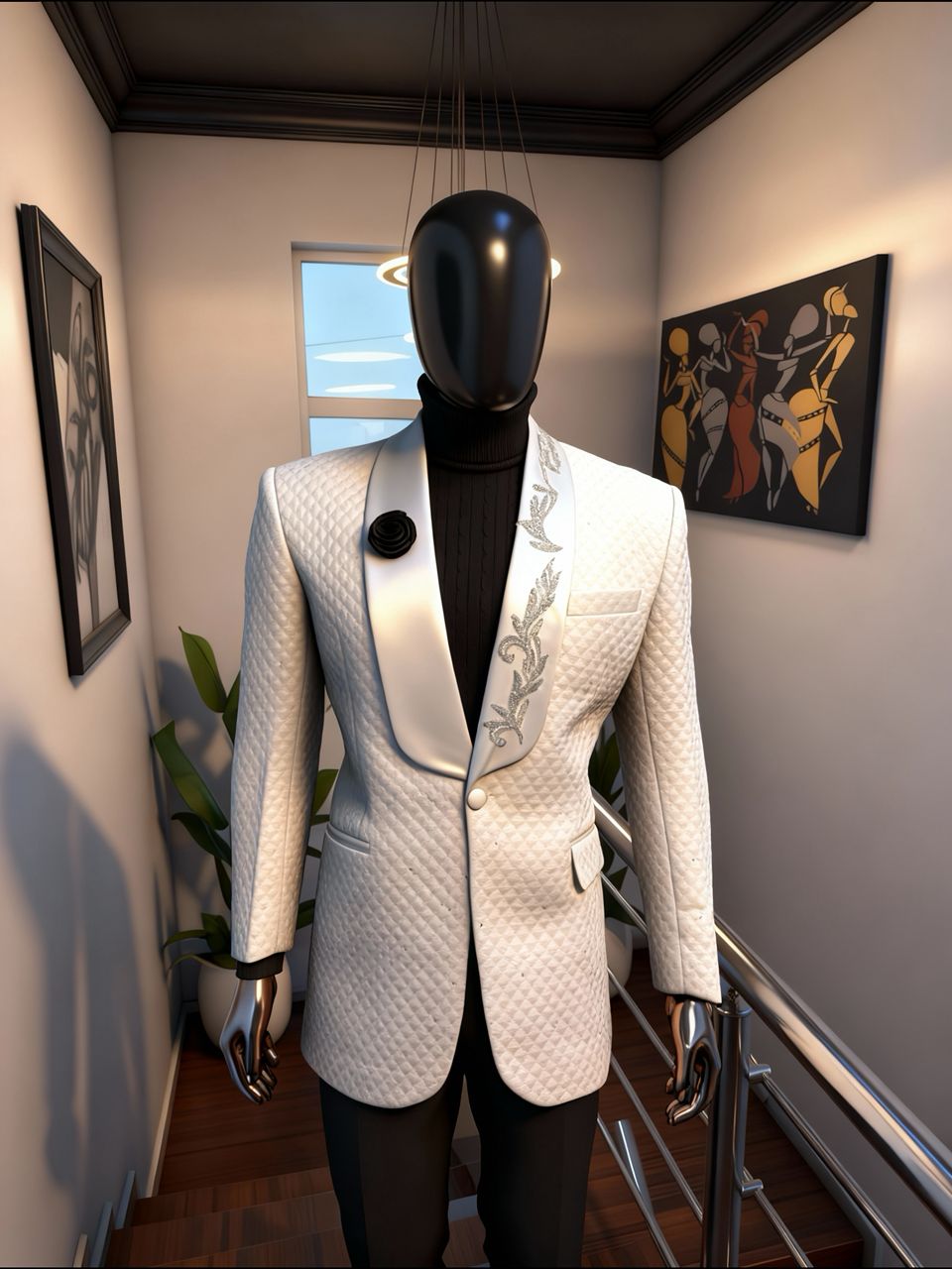Luxury White Tuxedo Jacket4 Silver Vine White Embroidered Tuxedo Blazer - Image 1