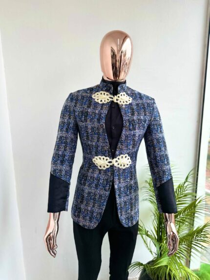 Imperial Dragon Blue & Black Lapeless Mandarin Suit 2026