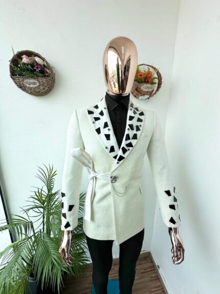 Diamond Shard Ivory Embellished Blazer with Belt 2026