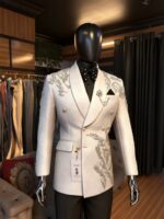 Silver Scroll White Embroidered Double-Breasted Tuxedo
