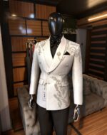 Silver Scroll White Embroidered Double-Breasted Tuxedo - Image 3